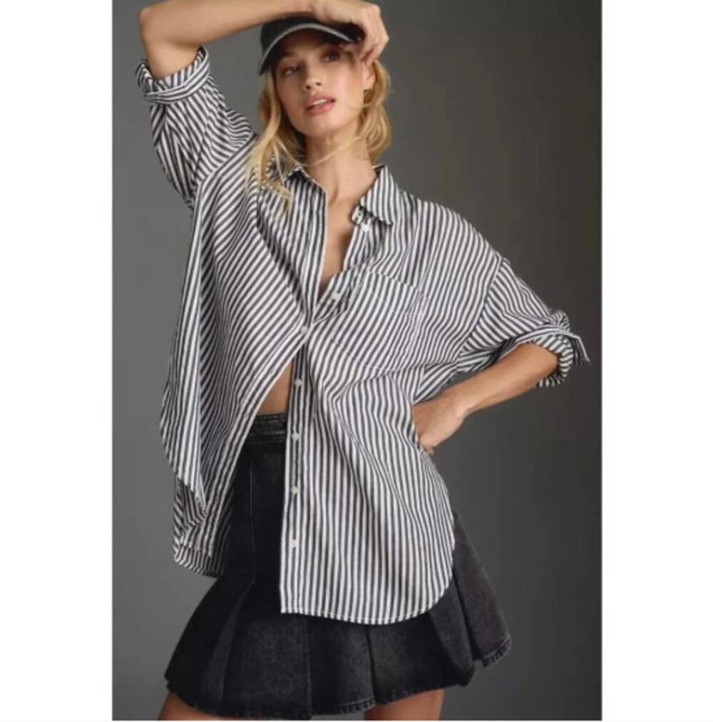 ANTHROPOLOGIE x MAEVE Bennet Button Down Shirt Anthracite Stripe Sz XXS {3X52}